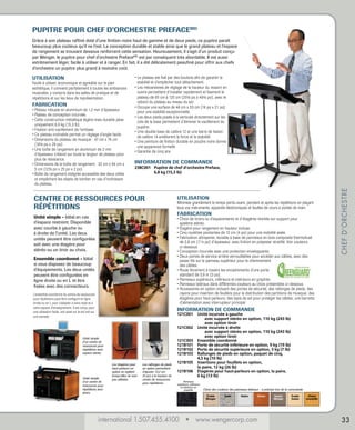 PUPITRE POUR CHEF D’ORCHESTRE PREFACEMD
Grâce à son plateau raffiné doté d’une finition noire haut de gamme et de deux pieds, ce pupitre paraît
beaucoup plus coûteux qu’il ne l’est. La conception durable et stable ainsi que le grand plateau et l’espace
de rangement se trouvant dessous renforcent cette sensation. Heureusement, il s’agit d’un produit conçu
par Wenger, le pupitre pour chef d’orchestre PrefaceMD est par conséquent très abordable. Il est aussi
extrêmement léger, facile à utiliser et à ranger. En fait, il a été délicatement peaufiné pour offrir aux chefs
d’orchestre un pupitre plus grand à moindre coût.
Facile à utiliser, économique et agréable sur le plan
esthétique, il convient parfaitement à toutes les ambiances
musicales, y compris dans les salles de pratique et de
répétitions et sur les lieux de représentation.

FABRICATION

• Plateau robuste en aluminium de 1,2 mm d’épaisseur.
• Plateau de conception incurvée.
•  ette construction métallique légère mais durable pèse
C
uniquement 6,9 kg (15,3 lb).
• Fixation anti-vacillement de l’embase.
• Ce plateau inclinable permet un réglage d’angle facile.
•  imensions du plateau de musique : 47 cm x 74 cm
D
(18½ po x 29 po)
•  ne boîte de rangement en aluminium de 2 mm
U
d’épaisseur s’étend sur toute la largeur de plateau pour
plus de résistance.
•  imensions de la boîte de rangement : 32 cm x 64 cm x
D
5 cm (12½ po x 25 po x 2 po)
•  oîte de rangement intégrée accessible des deux côtés
B
et empêchant les objets de tomber en cas d’inclinaison
du plateau.

•  e plateau est fixé par des boulons afin de garantir la
L
stabilité et d’empêcher tout détachement.
•  es mécanismes de réglage de la hauteur du ressort en
L
cuivre permettent d’installer rapidement et fixement le
plateau de 65 cm à 125 cm (25½ po à 49½ po), avec le
rebord du plateau au niveau du sol.
•  ccupe une surface de 48 cm x 53 cm (19 po x 21 po)
O
pour une stabilité exceptionnelle.
•  es deux pieds posés à la verticale directement sur les
L
cols de la base permettent d’éliminer le vacillement du
pupitre.
•  ne double base de calibre 12 et une barre de liaison
U
de calibre 14 améliorent la force et la stabilité.
•  ne peinture de finition durable en poudre noire donne
U
une apparence formelle.
• Garantie de cinq ans

INFORMATION DE COMMANDE

238C001	
Pupitre de chef d’orchestre Preface,
6,8 kg (15,3 lb)

CENTRE DE RESSOURCES POUR
RÉPÉTITIONS
Unité simple - Idéal en cas
d’espace restreint. Disponible
avec courbe à gauche ou
à droite de l’unité. Les deux
unités peuvent être configurées
soit avec une étagère pour
stéréo ou un tiroir au choix.

UTILISATION

Minimise grandement le temps perdu avant, pendant et après les répétitions en plaçant
tous vos instruments, appareils électroniques et feuilles de cours à portée de main.

FABRICATION

•  hoix de tiroirs ou d’espacements et d’étagères montés sur support pour
C
système stéréo.
• Étagère pour rangement en hauteur incluse.
• Cinq roulettes pivotantes de 10 cm (4 po) pour une mobilité aisée.
•  abrication attrayante, durable à base de panneaux en bois composite thermofusé
F
de 2,8 cm (11/8 po) d’épaisseur, avec finition en polyester stratifié. Voir couleurs
ci-dessous.
• Conception incurvée avec une protection enveloppante.
•  eux portes de service arrière verrouillables pour accéder aux câbles, avec des
D
passe-fils sur le panneau supérieur pour le cheminement
des câbles.
•  oule librement à travers les encadrements d’une porte
R
standard de 0,9 m (3 po).
• Panneaux supérieurs, inférieurs et intérieurs en graphite.
• Panneaux latéraux dans différentes couleurs au choix présentées ci-dessous.
•  ccessoires en option incluant des portes de sécurité; des rallonges de pieds; des
A
rayons pour insertion de feuillets pour la distribution des partitions de musique; des
étagères pour haut-parleurs; des tapis de sol pour protéger les câbles; une barrette
d’alimentation avec interrupteur principal

Ensemble coordonné - Idéal
si vous disposez de beaucoup
d’équipements. Les deux unités
peuvent être configurées en
ligne droite ou en L et être
fixées avec des connecteurs.
L’ensemble coordonné du centre de ressources
pour répétitions peut être configuré en ligne
droite ou en L pour s’adapter à votre style et à
votre espace d’enseignement. Il est conçu pour
une utilisation facile, soit posé sur le sol soit sur
une estrade.

CHEF D’ORCHESTRE

UTILISATION

INFORMATION DE COMMANDE

Unité simple
d’un centre de
ressources pour
répétitions avec
espace stéréo.

Unité simple
d’un centre de
ressources pour
répétitions avec
tiroirs.

Les étagères pour
haut-parleurs en
option se replient
lorsqu’elles ne sont
pas utilisées.

Les rallonges de pieds
en option permettent
d’ajouter 15,2 cm
(6 po) à la hauteur du
centre de ressources
pour répétitions.

121C001	
Unité incurvée à gauche
	 avec support stéréo en option, 110 kg (243 lb)
		 avec option tiroir
121C002	 Unité incurvée à droite
		 avec support stéréo en option, 110 kg (243 lb)
		 avec option tiroir
121C003	Ensemble coordonné
121B101	
Porte de sécurité inférieure en option, 9 kg (19 lb)
121B102	 Porte de sécurité supérieure en option, 3 kg (7 lb)
121B103	
Rallonges de pieds en option, paquet de cinq,
4,5 kg (10 lb)
121B105	
Insertions pour feuillets en option,
la paire, 12 kg (26 lb)
121B106	
Étagères pour haut-parleurs en option, la paire,
6 kg (13 lb)
Panneaux
supérieurs, inférieurs
et intérieurs en
graphite

Choix des couleurs des panneaux latéraux - à préciser lors de la commande
Érable
Wenger

Galet

Huître

international 1.507.455.4100 • www.wengercorp.com

Cerise

Soirée
Mistigri

Érable
fusion

Chêne
ensoleillé

33

 