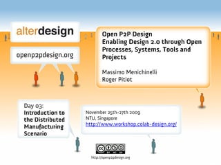 Open P2P Design
                          Enabling Design 2.0 through Open
                          Processes, Systems, Tools and
                          Projects

                          Massimo Menichinelli
                          Roger Pitiot



Day 03:
Introduction to   November 25th-27th 2009
the Distributed   NTU, Singapore
                  http://www.workshop.colab-design.org/
Manufacturing
Scenario


                    http://openp2pdesign.org
 