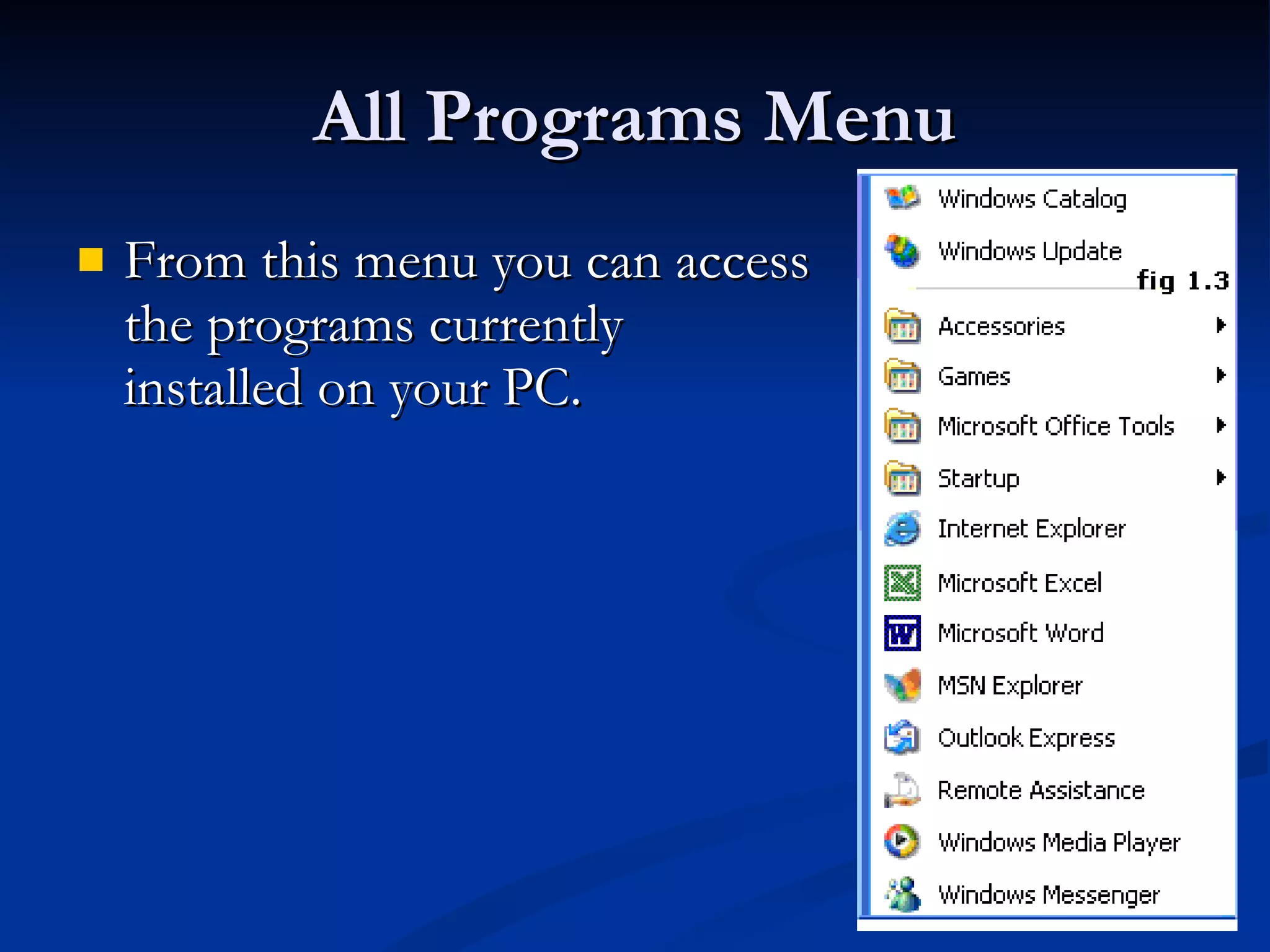 All Programs Menu From this menu you can access the programs currently installed on your PC.  