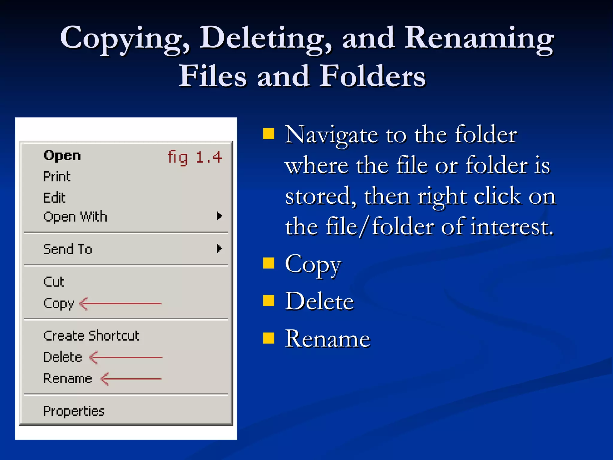 Copying, Deleting, and Renaming Files and Folders  Navigate to the folder where the file or folder is stored, then right click on the file/folder of interest. Copy Delete Rename 