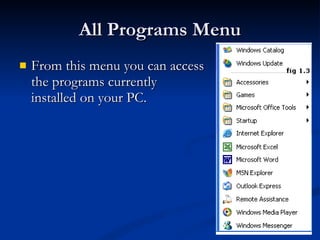 All Programs Menu From this menu you can access the programs currently installed on your PC.  
