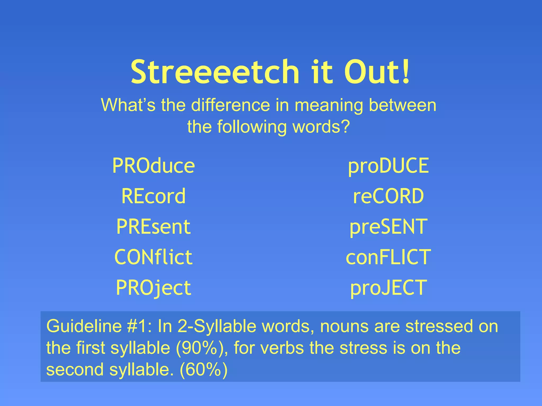 Streeeetch it Out! PROduce REcord PREsent CONflict PROject proDUCE reCORD preSENT conFLICT proJECT Guideline #1: In 2-Syllable words, nouns are stressed on the first syllable (90%), for verbs the stress is on the second syllable. (60%) What’s the difference in meaning between the following words? 