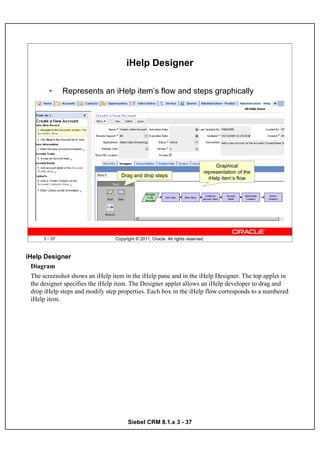 iHelp Designer

        •      Represents an iHelp item’s flow and steps graphically




                                                                                   Graphical
                                                                              representation of the
                                    Drag and drop steps
                                                                                iHelp item’s flow




      3 - 37                     Copyright © 2011, Oracle. All rights reserved.



iHelp Designer
  Diagram
  The screenshot shows an iHelp item in the iHelp pane and in the iHelp Designer. The top applet in
  the designer specifies the iHelp item. The Designer applet allows an iHelp developer to drag and
  drop iHelp steps and modify step properties. Each box in the iHelp flow corresponds to a numbered
  iHelp item.




                                       Siebel CRM 8.1.x 3 - 37
 