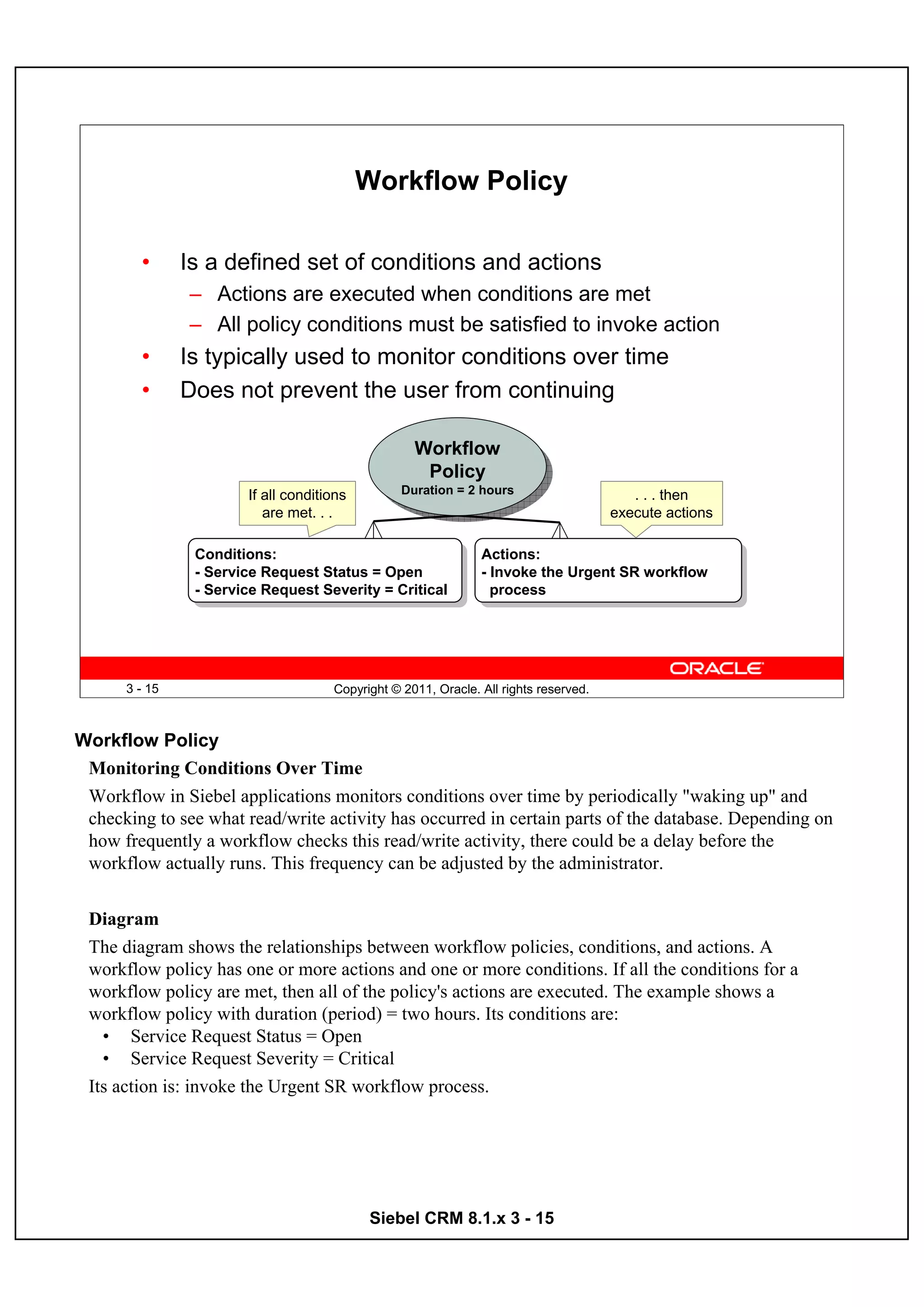 Workflow Policy

        •      Is a defined set of conditions and actions
               – Actions are executed when conditions are met
               – All policy conditions must be satisfied to invoke action
        •      Is typically used to monitor conditions over time
        •      Does not prevent the user from continuing

                                                   Workflow
                                                   Workflow
                                                    Policy
                                                    Policy
                       If all conditions         Duration == 2 hours
                                                  Duration 2 hours                       . . . then
                          are met. . .                                                execute actions

                Conditions:
                 Conditions:                                   Actions:
                                                                Actions:
                --Service Request Status = Open
                   Service Request Status = Open               --Invoke the Urgent SR workflow
                                                                  Invoke the Urgent SR workflow
                --Service Request Severity = Critical
                   Service Request Severity = Critical           process
                                                                  process




      3 - 15                         Copyright © 2011, Oracle. All rights reserved.



Workflow Policy
 Monitoring Conditions Over Time
 Workflow in Siebel applications monitors conditions over time by periodically "waking up" and
 checking to see what read/write activity has occurred in certain parts of the database. Depending on
 how frequently a workflow checks this read/write activity, there could be a delay before the
 workflow actually runs. This frequency can be adjusted by the administrator.


 Diagram
 The diagram shows the relationships between workflow policies, conditions, and actions. A
 workflow policy has one or more actions and one or more conditions. If all the conditions for a
 workflow policy are met, then all of the policy's actions are executed. The example shows a
 workflow policy with duration (period) = two hours. Its conditions are:
   • Service Request Status = Open
   • Service Request Severity = Critical
 Its action is: invoke the Urgent SR workflow process.




                                            Siebel CRM 8.1.x 3 - 15
 