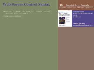 Web Server Control Syntax <asp:controlName id="some_id" runat="server" «other attributes» > </asp:controlName> 