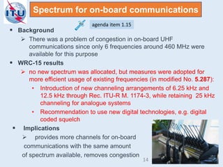  Background
 There was a problem of congestion in on-board UHF
communications since only 6 frequencies around 460 MHz were
available for this purpose
 WRC-15 results
 no new spectrum was allocated, but measures were adopted for
more efficient usage of existing frequencies (in modified No. 5.287):
• Introduction of new channeling arrangements of 6.25 kHz and
12.5 kHz through Rec. ITU-R M. 1174-3, while retaining 25 kHz
channeling for analogue systems
• Recommendation to use new digital technologies, e.g. digital
coded squelch
 Implications
 provides more channels for on-board
communications with the same amount
of spectrum available, removes congestion
Spectrum for on-board communications
agenda item 1.15
14
 