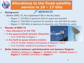  Background
• Before WRC-15, for unplanned FSS in the Ku band:
• Region 1: 750 MHz of spectrum both for uplink and downlink
• Region 2: 1000 MHz of spectrum for downlink, only 800 MHz for uplink
• Region 3: 1050 MHz of spectrum for downlink, only 750 MHz for uplink
 Results of WRC-15
• New allocations for the FSS
• in the space-to-Earth direction (Downlink)
• 13.4-13.65 GHz in Region 1
• in the Earth-to-space direction (Uplink)
• 14.5-14.75 GHz, limited to 30 countries in Regions 1 and 2
• 14.5-14.8 GHz, limited to 9 countries in Region 3
 Better balance between uplink/downlink and between Regions
• 1000MHz (UP/Down) in Region 1; 1050MHz (UP), 1000MHz (Down) in
Region 2; 1050MHz (UP/Down) in Region 3
Allocations to the fixed-satellite
service in 10 – 17 GHz
agenda item 1.6
23
 