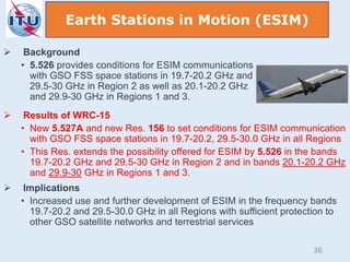  Background
• 5.526 provides conditions for ESIM communications
with GSO FSS space stations in 19.7-20.2 GHz and
29.5-30 GHz in Region 2 as well as 20.1-20.2 GHz
and 29.9-30 GHz in Regions 1 and 3.
 Results of WRC-15
• New 5.527A and new Res. 156 to set conditions for ESIM communication
with GSO FSS space stations in 19.7-20.2, 29.5-30.0 GHz in all Regions
• This Res. extends the possibility offered for ESIM by 5.526 in the bands
19.7-20.2 GHz and 29.5-30 GHz in Region 2 and in bands 20.1-20.2 GHz
and 29.9-30 GHz in Regions 1 and 3.
 Implications
• Increased use and further development of ESIM in the frequency bands
19.7-20.2 and 29.5-30.0 GHz in all Regions with sufficient protection to
other GSO satellite networks and terrestrial services
Earth Stations in Motion (ESIM)
36
 