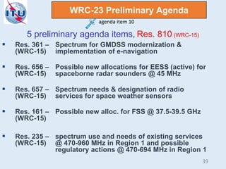 WRC-23 Preliminary Agenda
5 preliminary agenda items, Res. 810 (WRC-15)
 Res. 361 – Spectrum for GMDSS modernization &
(WRC-15) implementation of e-navigation
 Res. 656 – Possible new allocations for EESS (active) for
(WRC-15) spaceborne radar sounders @ 45 MHz
 Res. 657 – Spectrum needs & designation of radio
(WRC-15) services for space weather sensors
 Res. 161 – Possible new alloc. for FSS @ 37.5-39.5 GHz
(WRC-15)
 Res. 235 – spectrum use and needs of existing services
(WRC-15) @ 470-960 MHz in Region 1 and possible
regulatory actions @ 470-694 MHz in Region 1
agenda item 10
39
 