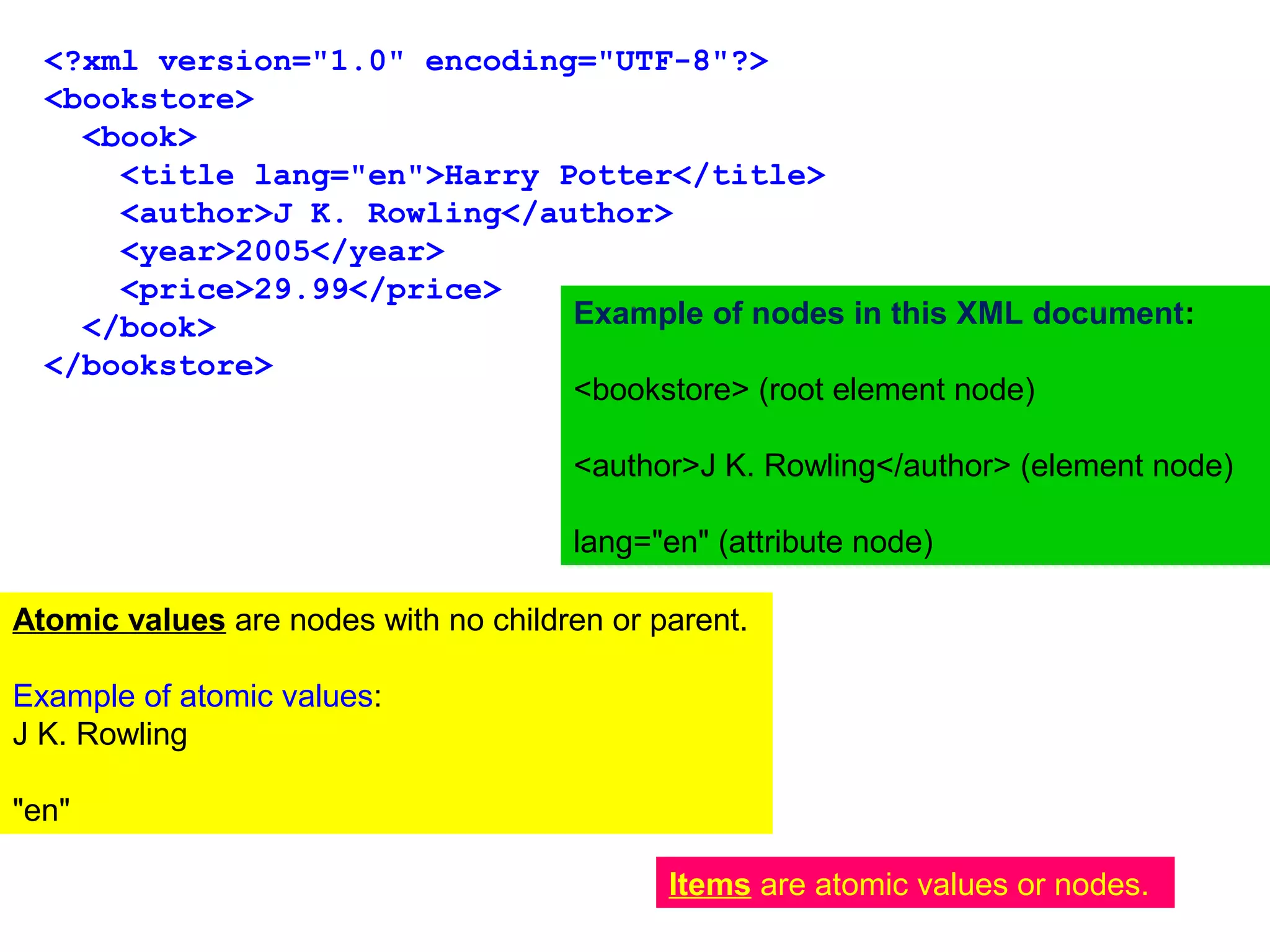 <?xml version="1.0" encoding="UTF-8"?>
<bookstore>
  <book>
    <title lang="en">Harry Potter</title>
    <author>J K. Rowling</author>
    <year>2005</year>
    <price>29.99</price>
  </book>
</bookstore>
Example of nodes in this XML document:
<bookstore> (root element node)
<author>J K. Rowling</author> (element node)
lang="en" (attribute node)
Atomic values are nodes with no children or parent.
Example of atomic values:
J K. Rowling
"en"
Items are atomic values or nodes.
 