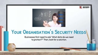 Your Organisation’s Security Needs
Businesses first need to ask “What data do we need
to protect?” Then, look for a solution.
 