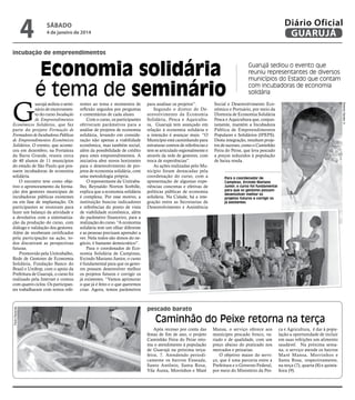 4

Diário Oficial
GUARUJÁ

sábado

4 de janeiro de 2014

incubação de empreendimentos

Pedro Rezende

uarujá sediou o seminário de encerramento do curso Incubação
de Empreendimentos
Econômicos Solidários, que faz
parte do projeto Formação de
Formadores de Incubadoras Públicas
de Empreendimentos Econômicos
Solidários. O evento, que aconteceu em dezembro, na Fortaleza
da Barra Grande, reuniu cerca
de 40 alunos de 11 municípios
do estado de São Paulo que possuem incubadoras de economia
solidária.
O encontro teve como objetivo o aprimoramento da formação dos gestores municipais de
incubadoras públicas existentes
ou em fase de implantação. Os
participantes se reuniram para
fazer um balanço da atividade e
a devolutiva com a sistematização da produção do curso, com
diálogo e validação dos gestores.
Além de receberam certificados
pela participação na ação, todos discutiram as perspectivas
futuras.
Promovido pela Unitrabalho,
Rede de Gestores de Economia
Solidária, Fundação Banco do
Brasil e Unifesp, com o apoio da
Prefeitura de Guarujá, o curso foi
realizado pela Internet e contou
com quatro ciclos. Os participantes trabalharam com textos refe-

rentes ao tema e momentos de
reflexão seguidos por perguntas
e comentários de cada aluno.
Com o curso, os participantes
obtiveram parâmetros para a
análise de projetos de economia
solidária, levando em consideração não apenas a viabilidade
econômica, mas também social,
além da possibilidade de crédito
para estes empreendimentos. A
iniciativa abre novos horizontes
para o desenvolvimento de projetos de economia solidária, com
uma metodologia própria.
O representante da Unitrabalho, Reynaldo Norton Sorbille,
explica que a economia solidária
é complexa. Por esse motivo, a
instituição buscou indicadores
e referências do ponto de vista
de viabilidade econômica, além
do parâmetro financeiro, para a
realização do curso. “A economia
solidária tem um olhar diferente
e as pessoas precisam aprender a
ver. Nela todos são donos do negócio, é bastante democrático”.
Para o coordenador de Economia Solidária de Campinas,
Ercindo Mariano Junior, o curso
é fundamental para que os gestores possam desenvolver melhor
os projetos futuros e corrigir os
já existentes. “Vamos aprimorar
o que já é feito e o que queremos
criar. Agora, temos parâmetros

para analisar os projetos”.
Segundo o diretor de Desenvolvimento da Economia
Solidária, Pesca e Aquicultura, Guarujá tem avançado em
relação à economia solidária e
a intenção é avançar mais. “O
Município está caminhando para
estruturar centros de referências e
tem se articulado regionalmente e
através da rede de gestores, com
troca de experiências”.
As ações realizadas pelo Município foram destacadas pela
coordenação do curso, com a
apresentação de algumas experiências concretas e efetivas de
políticas públicas de economia
solidária. Na Cidade, há a integração entre as Secretarias de
Desenvolvimento e Assistência

Social e Desenvolvimento Econômico e Portuário, por meio da
Diretoria de Economia Solidária
Pesca e Aquicultura que, conjuntamente, mantém a Incubadora
Pública de Empreendimentos
Populares e Solidários (IPEPS).
Desta integração, resultam projetos de sucesso, como o Caminhão
Feira do Peixe, que leva pescado
a preços reduzidos à população
de baixa renda.

Roberto Sander Jr.

G

Economia solidária
é tema de seminário

Guarujá sediou o evento que
reuniu representantes de diversos
municípios do Estado que contam
com incubadoras de economia
solidária

Para o coordenador de
Campinas, Ercindo Mariano
Junior, o curso foi fundamental
para que os gestores possam
desenvolver melhor os
projetos futuros e corrigir os
já existentes

pescado barato

Caminhão do Peixe retorna na terça
Após recesso por conta das
festas de fim de ano, o projeto
Caminhão Feira do Peixe retoma o atendimento à população
de Guarujá na próxima terçafeira, 7. Atendendo periodicamente os bairros Enseada,
Santo Antônio, Santa Rosa,
Vila Áurea, Morrinhos e Maré

Mansa, o serviço oferece aos
munícipes pescado fresco, variado e de qualidade, com um
preço abaixo do praticado nos
mercados e peixarias.
O objetivo maior do serviço, que é uma parceria entre a
Prefeitura e o Governo Federal,
por meio do Ministério da Pes-

ca e Agricultura, é dar à população a oportunidade de incluir
em suas refeições um alimento
saudável. Na próxima semana, o serviço atende os bairros
Maré Mansa, Morrinhos e
Santa Rosa, respectivamente,
na terça (7), quarta (8) e quintafeira (9).

 