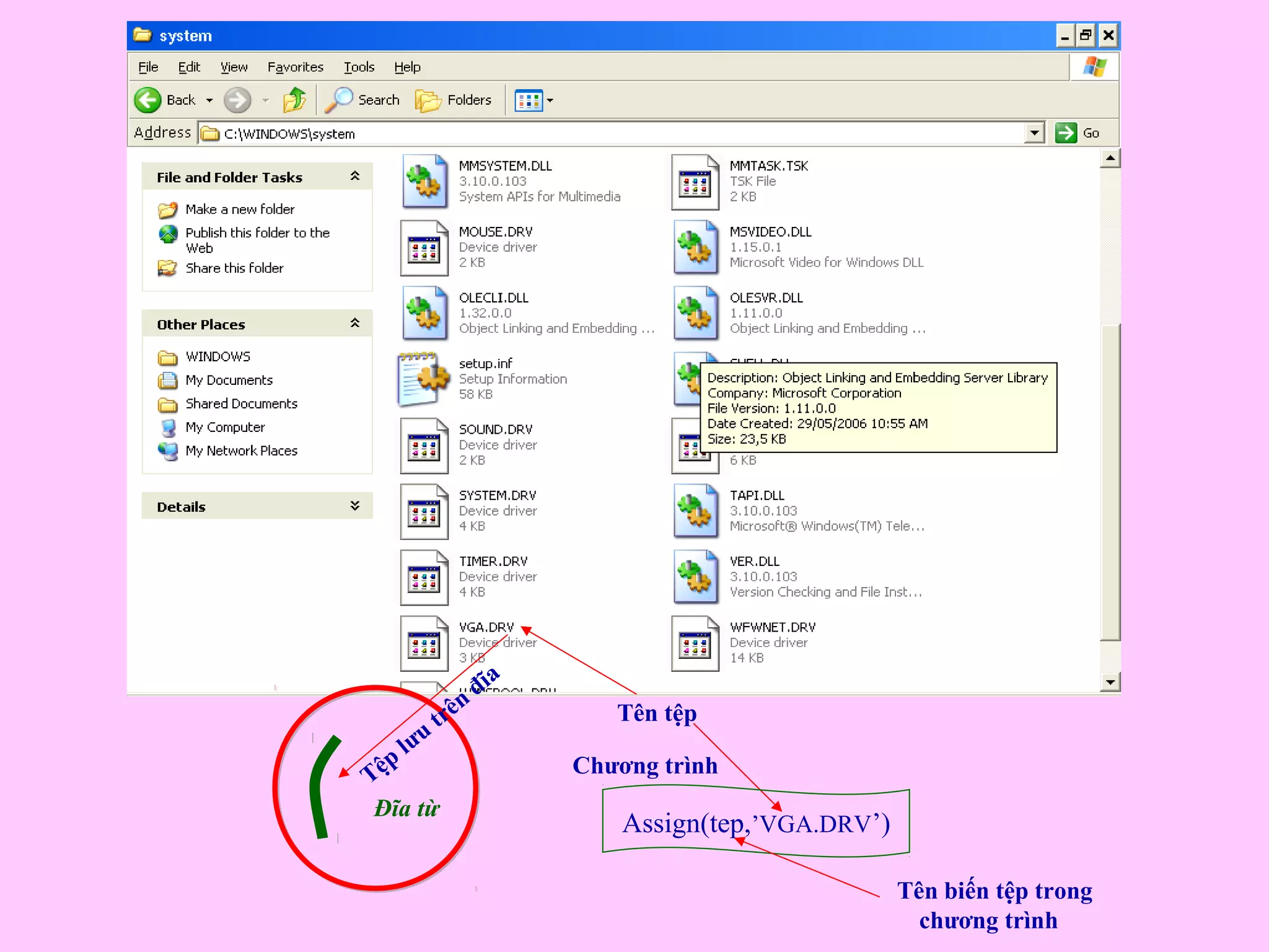Đĩa từ
Tệp
lưu
trên
đĩa
Tên tệp
Chương trình
Assign(tep,’VGA.DRV’)
Tên biến tệp trong
chương trình
 
