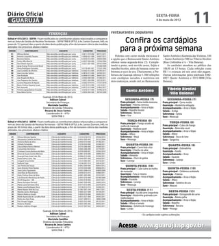 Diário Oficial
 GUARUJÁ
                                                                                                                                                                      sexta-feira
                                                                                                                                                                      4 de maio de 2012
                                                                                                                                                                                                           11
                                               finanças                                                               restaurantes populares
Edital nº 015/2012 - SEFIN - Ficam notificados os contribuintes abaixo relacionados a comparece-
rem ao Setor de Gestão de Receitas Territoriais – SEFIN TRIB III (IPTU), à Av. Santos Dumont, 640, no
prazo de 15 (quinze) dias, a partir da data desta publicação, a fim de tomarem ciência das medidas
                                                                                                                               Confira os cardápios
adotadas nos processos abaixo citados:
 ORDEM
   01
                  CONTRIBUINTE
         Affonso Berbel
                                                            ASSUNTO
                                             Não atendida cientificação por carta
                                                                                         CADASTRO
                                                                                        3-0611-019-000
                                                                                                          PROCESSO
                                                                                                         06751/2011
                                                                                                                              para a próxima semana
   02    Antonio Leopoldo Tavares            Não atendida cientificação por telefone    5-0058-021-000   34367/2011       Polenta com carne moída mexicana é                Santo Antônio (Alameda das Violetas, 330
   03    Berenice Batista                    Não atendida cientificação por carta       6-0330-012-003   25603/2005   a opção que o Restaurante Santo Antônio               – Santo Antônio) e 500 no Tibério Birolini
   04    Carlos Alfio Blaschi                Não atendida cientificação por carta       6-0547-038-000   15256/2004
   05    Hani Naaim Ayache                   Não atendida cientificação por carta       3-0231-007-000   29163/2009
                                                                                                                      oferece nesta segunda-feira (7). Comple-              (Rua Colômbia s/n – Vila Baiana).
   06    Igreja Evang. Pentencontal Brasil   Não atendida cientificação por carta                        37648/2009   tando o prato, será servido arroz, feijão e              As unidades atendem ao público das
   07    Irineu Rodrigues Gonzalez           Não atendida cientificação por carta       3-0176-001-001   17525/1992   repolho bicolor, além de banana como so-              10h30 às 13 horas. Cada refeição custa
   08    Joao Candido de Oliveira            Não atendida cientificação por telefone    6-0302-012-000   34184/2011
   09    Joao Lino dos Santos                Não atendida cientificação por telefone    6-0876-013-000   34700/2011
                                                                                                                      bremesa e suco de uva. Diariamente, a Pre-            R$ 1 e crianças até seis anos não pagam.
   10    Jose Andrade                        Não atendida cientificação por telefone    6-0400-015-000   36047/2011   feitura de Guarujá oferece 1.500 refeições            Outras informações pelos telefones 3382-
   11    Jose Angelo de Maria                Não atendida cientificação por telefone    3-0564-004-000   31348/2011   com cardápios variados e nutritivos em                6927 (Santo Antônio) e 3351-9896 (Vila
   12    Jose Pequeno dos Santos             Não atendida cientificação por telefone    5-0031-020-000   32519/2011
   13    Luciana Nogueira de Aguiar          Não atendida cientificação por carta       3-0262-019-010   17727/2010
                                                                                                                      dois endereços, sendo mil no Restaurante              Baiana).
   14    Maria Cristina Siqueira Guiao       Não atendida cientificação por telefone    3-0219-012-000   12314/2011
   15    Nair Azevedo                        Não atendida cientificação por telefone    0-0012-012-068   31805/2011
   16    Primeira Igreja Batista Enseada     Não atendida cientificação por carta       3-0254-013-000   33496/2010
                                                                                                                                    Santo Antônio                                Tibério Birolini
   17    Rosa Maria Pyrrho                   Não atendida cientificação por carta       5-0050-004-000   38744/2009
                                                                                                                                                                                  (Vila Baiana)
                                         Guarujá, 03 de Maio de 2012.
                                               Adilson Cabral                                                                     Segunda-feira (7)                             Segunda-feira (7)
                                            Secretário de Finanças                                                            Prato principal – Carne moída mexicana        Prato principal – Carne moída
                                              Maristela Castilho                                                              Guarnição – Polenta cremosa                   Guarnição – Abobrinha refogada
                                         Diretora de Gestão Tributária                                                        Acompanhamento – Arroz e feijão               Acompanhamento – Arroz e feijão
                                           Rosana de Jesus Santos                                                             Salada – Repolho bicolor                      Salada – Acelga
                                            Coordenador III – IPTU                                                            Sobremesa – Banana                            Sobremesa – Geleia
                                                 SEFIN TRIB 3                                                                 Suco – Uva                                    Suco – Maracujá
Edital nº 016/2012 - SEFIN - Ficam notificados os contribuintes abaixo relacionados a comparece-                                     Terça-feira (8)
                                                                                                                              Prato principal – Frango assado ao                   Terça-feira (8)
rem ao Setor de Gestão de Receitas Territoriais – SEFIN TRIB III (IPTU), à Av. Santos Dumont, 640, no                                                                       Prato principal – Cubos de frango
prazo de 30 (trinta) dias, a partir da data desta publicação, a fim de tomarem ciência das medidas                            molho de maracujá
                                                                                                                              Guarnição – Abóbora sauté                     Guarnição – Beterraba sauté
adotadas nos processos abaixo citados:                                                                                                                                      Acompanhamento – Arroz e feijão
                                                                                                                              Acompanhamento – Arroz e feijão
 ORDEM              CONTRIBUINTE                          ASSUNTO                      CADASTRO          PROCESSO             Salada – Alface                               Salada – Alface
   01    Afonso Messias Aguilar                   Ciência do Indeferimento         1-0124-018-018        33536/2010           Sobremesa – Maçã                              Sobremesa – Doce de leite
   02    Alessandra Cardoso de Paiva              Ciência do Indeferimento         0-0032-005-093        30152/2008           Suco – Morango                                Suco – Tangerina
   03    Antonia Maria da Silva                   Ciência do Indeferimento         2-0050-010-000        34186/2011
   04    Arlindo Fernandes                        Ciência do Indeferimento         2-0230-024-000        35348/2011                Quarta-feira (9)
   05    Cleusa Maria Ramos Merino                Ciência do Indeferimento         3-0143-006-000        34589/2011                                                              Quarta-feira (9)
                                                                                                                              Prato principal – Carne bela vista            Prato principal – Dobradinha
   06    Comunhão Hermetica                       Ciência do Indeferimento         5-0045-006-000        32779/2011
   07    Cristiane Cosmo Barbosa de Melo          Ciência do Indeferimento         6-0559-009-001        32582/2010
                                                                                                                              Guarnição – Chuchu na salsa                   Guarnição – Farofa
   08    Dirce de Souza Gomes Mariano             Ciência do Indeferimento         6-0861-010-000        34890/2011           Acompanhamento – Arroz e feijão               Acompanhamento – Arroz
   09    Guarujá Praia Hotel Ltda -Me             Ciência do Indeferimento         0-0066-014-000        35296/2011           Salada – Almeirão
                                                                                                                              Sobremesa – Doce de geleia                    Salada – Escarola
   10    Hotel Palmar Ltda - Me                   Ciência do Indeferimento         3-0449-001-000        30920/2011
   11    Irmgard Anna Kehler                      Ciência do Indeferimento         1-0123-005-005        30310/2011           Suco – Laranja                                Sobremesa – Laranja
   12    Iwafumi Fujie                            Ciência do Indeferimento         1-0146-001-014        33814/2011                                                         Suco – Limão
   13    Jaci Pereira de Souza                    Ciência do Indeferimento         6-0852-004-000        00854/2012                Quinta-feira (10)
   14    Jose Antonio Perez Nantes                Ciência do Indeferimento         3-0103-029-008        00838/2012           Prato principal – Cubo suíno ao molho              Quinta-feira (10)
   15    Jose Carlos Figueiredo                   Ciência do Indeferimento         3-0452-004-018        05809/2009
   16    Jose Elias do Nascimento                 Ciência do Indeferimento         2-0256-013-015        32960/2011
                                                                                                                              de mostarda                                   Prato principal – Calabresa acebolada
   17    Katia Cristina Alves de Brito            Ciência do Indeferimento         6-0001-003-000        35332/2011           Guarnição – Tutu à mineira                    Guarnição – Polenta
   18    Luiz Eduardo Mendonça de Paula           Ciência do Indeferimento         3-0033-016-009        03189/2009           Acompanhamento – Arroz e feijão               Acompanhamento – Arroz e feijão
   19    M.S.R Nogueira – ME                      Ciência do Indeferimento         3-0444-018-000        35237/2011           Salada – Escarola                             Salada – Alface
   20    Maria Henrique Herneck                   Ciência do Indeferimento         6-0867-020-000        25602/2010           Sobremesa – Laranja                           Sobremesa – Gelatina de uva
   21    Maria Lucia Germano Silva                Ciência do Indeferimento         6-0773-015-000        32554/2010           Suco – Maracujá                               Suco – Abacaxi
   22    Maria Lucia Rodrigues Rossi              Ciência do Indeferimento         3-0148-012-010        35290/2011
   23    Maria Nazare Silva da Cruz               Ciência do Indeferimento         6-1067-001-344        34817/2011                 Sexta-feira (11)
   24    Marilda Santos Rodrigues                 Ciência do Indeferimento         3-0005-027-008        34739/2011
                                                                                                                              Prato principal – Isca de carne à espanhola         Sexta-feira (11)
   25    Marion Rebecca Gould                     Ciência do Indeferimento         3-0034-010-006        34505/2011
                                                                                                                              Guarnição – Abobrinha gratinada com           Prato principal – Estrogonofe de carne
   26    Neide Aparecida de Carvalho Rodr         Ciência do Indeferimento         3-0015-021-004        34545/2011
                                                                                                                              molho branco                                  Guarnição – Batata palha
   27    Pedro dos Reis Piraja                    Ciência do Indeferimento         3-0221-009-015        18982/2008
   28    Pier Giorgio Saggia                      Ciência do Indeferimento         3-0025-022-000        28133/2011           Acompanhamento – Arroz e feijão               Acompanhamento – Arroz e feijão
   29    Roberto Modolo                           Ciência do Indeferimento         0-0025-005-005        30092/2011           Salada – Alface e tomate                      Salada – Repolho
   30    Rubens Adelmo Vinagre                    Ciência do Indeferimento         3-0147-007-022        34945/2011           Sobremesa – Gelatina de morango               Sobremesa – Banana
                                                                                                                              Suco – Limão                                  Suco – Pêssego
                                         Guarujá, 03 de Maio de 2012.
                                               Adilson Cabral                                                                                        • Os cardápios estão sujeitos a alterações
                                            Secretário de Finanças
                                              Maristela Castilho
                                         Diretora de Gestão Tributária
                                           Rosana de Jesus Santos
                                            Coordenador III – IPTU                                                          Acesse www.guaruja.sp.gov.br
                                                 SEFIN TRIB 3
 