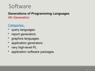Software
15
Generations of Programming Languages
4th Generation:
Categories:
• query languages
• report generators
• graphics languages
• application generators
• very high-level PL
• application software packages
 