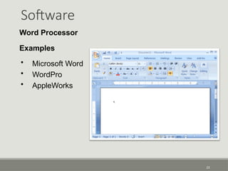 Software
23
Word Processor
Examples
• Microsoft Word
• WordPro
• AppleWorks
 