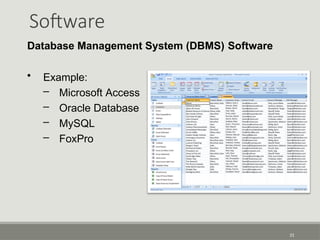 Software
31
Database Management System (DBMS) Software
• Example:
– Microsoft Access
– Oracle Database
– MySQL
– FoxPro
 