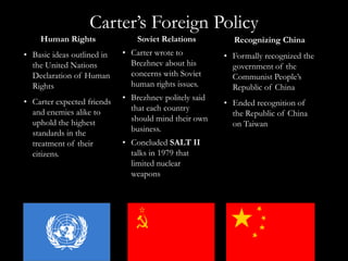 Promoted the development of alternative energy sources.Environmental ConcernsEnvironmental WinsBelieved that conserving fuel was a key way to avoid plundering the environment .Passed the Alaska National Interest Lands Conservation Act.The act protected more than 100 million acres of land and doubled the size of the nation’s park and wildlife refuge system.Environmental LossesIn 1979 a mishap at a nuclear power plant on Three Mile Island terrified the nation.Although little radiation was released, public concern about the safety of nuclear power grew.CBS News on Three Mile island