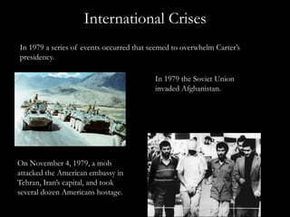 Carter’s Foreign PolicyOverviewCarter came to office with little foreign-policy experience.Carter promised that the concept of human rights would be at the forefront of his foreign policy.Carter worked to strengthen ties between the United States and the Soviet Union and China.Carter gave control of the Panama Canal back to Panama.Carter helped Egypt and Israel deal with some of the divisions that caused conflicts between their countries.