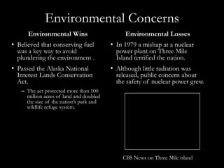 What would Americans think of President Carter’s solutions to the energy shortage?The Economy and EnergyThe ImpactThe economy added many new jobs to help battle unemployment.Carter was unable to bring down inflation, in fact, it got worse.Carter’s energy policies were successful at helping reduce American dependence on foreign oil.American production of energy increased under Carter.Inflation and unemployment were high.