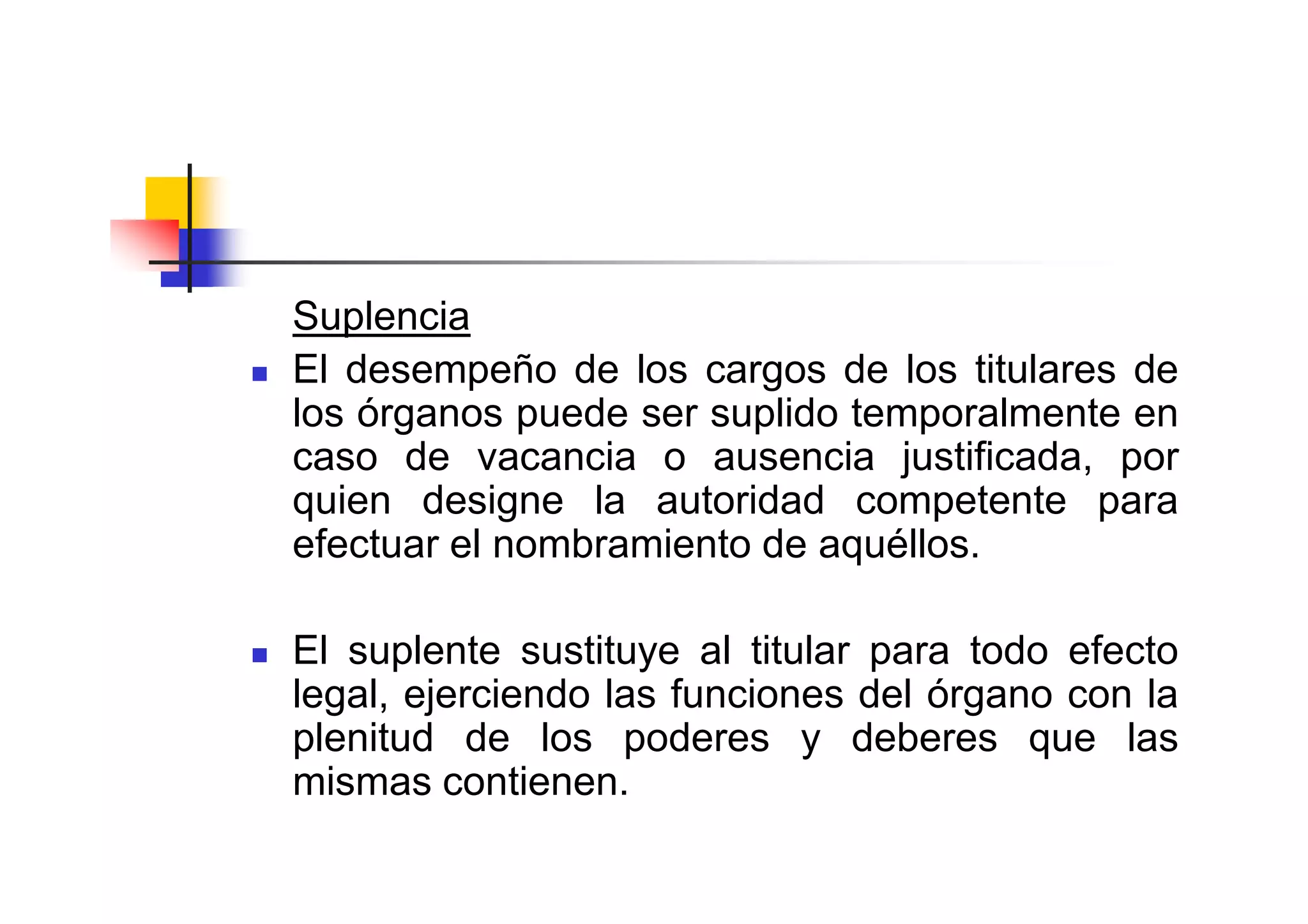 Suplencia
El desempeño de los cargos de los titulares de
los órganos puede ser suplido temporalmente en
caso de vacancia o ausencia justificada, por
quien designe la autoridad competente para
efectuar el nombramiento de aquéllos.

El suplente sustituye al titular para todo efecto
legal, ejerciendo las funciones del órgano con la
plenitud de los poderes y deberes que las
mismas contienen.
 