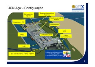 UCN Açu – Configuração
                                          Área de construção de
                        Montagem de
                                               Platformas
                          jaquetas
                                                         Área de construção de
                                                               Módulos
     Dique seco e ETE
                                                          Cortina Verde



                                                                                ETA

                 FPSO                      Unidade Industrial                 Prédios
                                                                           Administrativos




                    Cais



                                                  Prédios Administrativos com
  Sub-estação elétrica 345 kV – 13.8 kV               Certificação LEED
                                                  (US Green Building Council)



                                                                                             3
 