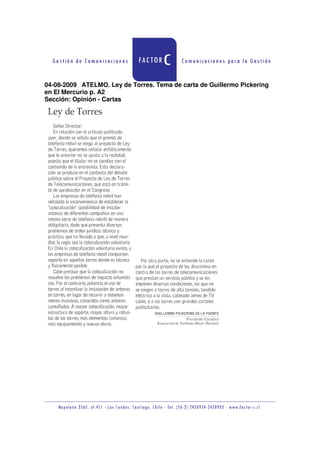 04-08-2009 ATELMO. Ley de Torres. Tema de carta de Guillermo Pickering
en El Mercurio p. A2
Sección: Opinión - Cartas
 