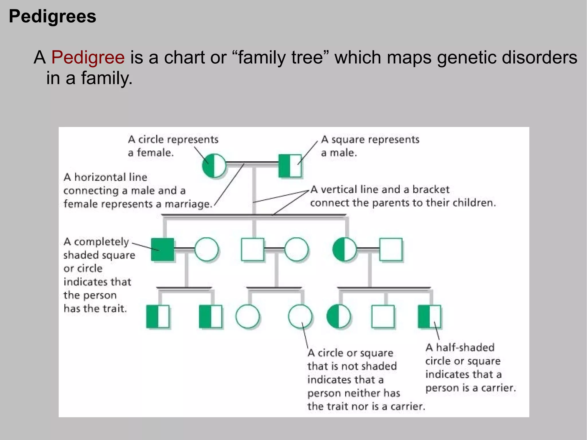 Pedigrees

  A Pedigree is a chart or “family tree” which maps genetic disorders
   in a family.
 