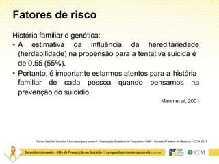 Fatores de risco
Fonte: Cartilha “Suicídio: informando para prevenir”. Associação Brasileira de Psiquiatria – ABP / Conselho Federal de Medicina – CFM. 2014
História familiar e genética:
• A estimativa da influência da hereditariedade
(herdabilidade) na propensão para a tentativa suicida é
de 0.55 (55%).
• Portanto, é importante estarmos atentos para a história
familiar de cada pessoa quando pensamos na
prevenção do suicídio.
Mann et al, 2001
 