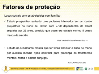 Fatores de proteção
Laços sociais bem estabelecidos com família:
• Estudo prospectivo realizado com pacientes internados em um centro
psiquiátrico no Norte de Taiwan com 2700 dependentes de álcool
seguidos por 23 anos, concluiu que quem era casado morreu 5 vezes
menos de suicídio
Fonte: The Journal of Clinical Psychiatry, 2015; 76
• Estudo na Dinamarca mostra que ter filhos diminuir o risco de morte
por suicídio mesmo após controlar para presença de transtornos
mentais, renda e estado conjugal.
Fonte: JAMA Psychiatry. 2003
 