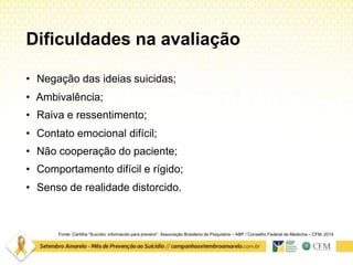Dificuldades na avaliação
Fonte: Cartilha “Suicídio: informando para prevenir”. Associação Brasileira de Psiquiatria – ABP / Conselho Federal de Medicina – CFM. 2014
• Negação das ideias suicidas;
• Ambivalência;
• Raiva e ressentimento;
• Contato emocional difícil;
• Não cooperação do paciente;
• Comportamento difícil e rígido;
• Senso de realidade distorcido.
 