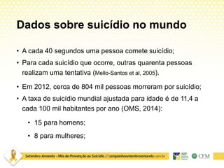 Dados sobre suicídio no mundo
• A cada 40 segundos uma pessoa comete suicídio;
• Para cada suicídio que ocorre, outras quarenta pessoas
realizam uma tentativa (Mello-Santos et al, 2005).
• Em 2012, cerca de 804 mil pessoas morreram por suicídio;
• A taxa de suicídio mundial ajustada para idade é de 11,4 a
cada 100 mil habitantes por ano (OMS, 2014):
• 15 para homens;
• 8 para mulheres;
 