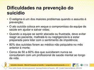 Dificuldades na prevenção do
suicídio
Fonte: Cartilha “Suicídio: informando para prevenir”. Associação Brasileira de Psiquiatria – ABP / Conselho Federal de Medicina –CFM. 2014
• O estigma é um dos maiores problemas quando o assunto é
prevenção;
• O ato suicida coloca em xeque o compromisso da equipe de
saúde em ajudar e salvar vidas;
• Quando a equipe se sentir atacada ou frustrada, deve evitar
reagir ao paciente, maltratá-lo ou negligenciá-lo e estar
preparada para lidar com o sentimento de impotência;
• 80% dos suicidas foram ao médico não psiquiatra no mês
anterior à morte;
• Cerca de 50 a 60% dos que suicidaram nunca se
consultaram com um profissional de saúde mental ao longo
da vida.
 