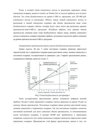 Точка, в которой линия совокупного дохода от реализации пересекает линию
совокупных издержек, является точкой, где Tatcher Ltd. не получат прибыли, но и не несет
убытков. Это точка безубыточности на уровне 6 000 ед. продукции, или 120 000 руб.
совокупного дохода от реализации. Область между линией совокупного дохода от
реализации и линией совокупных издержек при объеме производства ниже точки
безубыточности отражает убытки, которые будут иметь место при различных уровнях
производства ниже 6 000 ед. продукции. Подобным образом, если уровень объема
производства компании выше точки безубыточности, область между линиями совокупного
дохода и совокупных издержек показывает прибыль, получаемую в результате работы компании
на уровнях производства выше 6 000 ед. продукции.


      Альтернативное представление данных анализа безубыточности производства.
      График выручки. На рис. 5 линия постоянных издержек проведена параллельно
горизонтальной оси, а переменные издержки равны расстоянию между линиями совокупных и
постоянных издержек. Альтернативный по сравнению с рис. 5 вариант представления данных,
содержащихся в примере, приведен на рис. 5.




                           Рис.5 Точка безубыточности для примера 1
      Такое альтернативное представление данных называется графиком валовой
прибыли. На рис.6 линия переменных издержек сначала проведена на уровне 10 руб. на
единицу объема производства. Постоянные издержки равны разнице расстояний между
линиями совокупных и переменных издержек. Так как постоянные издержки считаются
постоянной величиной для всего диапазона объема производства, то неизменяющаяся
сумма постоянных издержек, в размере 60 000 руб. прибавляется к переменным
издержкам, в результате чего линия совокупных издержек проводится параллельно линии
переменных издержек. Преимущество этой формы представления данных в том, что
 