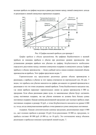 валовая прибыль на графике выделена и равна расстоянию между линией совокупного дохода
от реализации и линией совокупных переменных издержек.




                          Рис. 6 График валовой прибыли для примера 1
       График прибыли и объема производства. На графиках безубыточности к валовой
прибыли не показаны прибыли и убытки при различных уровнях производства. Для
установления размеров прибыли или убытков по графику безубыточности необходимо
определить расстояние между линиями совокупных издержек и совокупного дохода. График
прибыли и объема производства — более удобный метод показа влияния изменений объема
производства на прибыль. Этот график представлен на рис. 7.
       Горизонтальная ось представляет различные уровни объема производства и
реализации, а прибыль и убытки за этот период отмечаются по вертикальной оси. Из рис. 7
видно, что прибыль или убытки наносятся на график для каждого из уровней производства и
реализации и что эти точки соединены линией прибыли. Точка безубыточности находится там,
где линия прибыли пересекает горизонтальную линию на уровне производства 6 000 ед.
продукции. Если объем реализации равен нулю, то максимальные убытки будут составлять
сумму постоянных издержек, так как убытки компании не должны быть больше суммы
постоянных издержек. Каждая единица реализованной продукции дает валовую прибыль сверх
постоянных издержек в размере 10 руб., а точка безубыточности находится на уровне 6 000
ед. тогда, когда совокупная валовая прибыль точно равняется сумме совокупных постоянных
       издержек. Каждая дополнительная единица продукции, реализованная сверх 6 000
ед., дает излишек прибыли в размере 10 руб. Если реализовано 10 000 ед. продукции, то
прибыль составит 40 000 руб. (4 000 ед. по 10 руб.). Это соотношение между объемом
реализации и прибылью показано пунктирной линией на рис. 7.
 