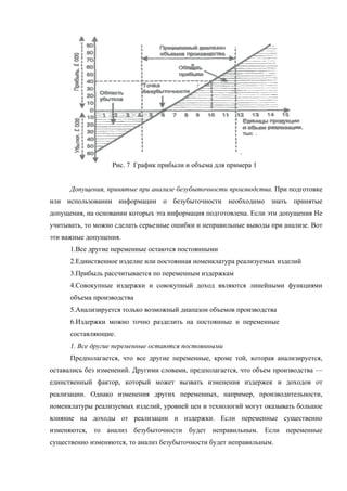Рис. 7 График прибыли и объема для примера 1


      Допущения, принятые при анализе безубыточности производства. При подготовке
или использовании информации о безубыточности необходимо знать принятые
допущения, на основании которых эта информация подготовлена. Если эти допущения Не
учитывать, то можно сделать серьезные ошибки и неправильные выводы при анализе. Вот
эти важные допущения.
      1.Все другие переменные остаются постоянными
      2.Единственное изделие или постоянная номенклатура реализуемых изделий
      3.Прибыль рассчитывается по переменным издержкам
      4.Совокупные издержки и совокупный доход являются линейными функциями
      объема производства
      5.Анализируется только возможный диапазон объемов производства
      6.Издержки можно точно разделить на постоянные и переменные
      составляющие.
      1. Все другие переменные остаются постоянными
      Предполагается, что все другие переменные, кроме той, которая анализируется,
оставались без изменений. Другими словами, предполагается, что объем производства —
единственный фактор, который может вызвать изменения издержек и доходов от
реализации. Однако изменения других переменных, например, производительности,
номенклатуры реализуемых изделий, уровней цен и технологий могут оказывать большое
влияние на доходы от реализации и издержки. Если переменные существенно
изменяются, то анализ безубыточности будет неправильным. Если переменные
существенно изменяются, то анализ безубыточности будет неправильным.
 