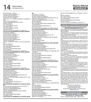 14               TeRçA-feiRA
                 4 de outubro de 2011
                                                                                                                                                     Diário Oficial
                                                                                                                                                      GUARUJÁ
Data de Protocolo: 21/01/2011                             RiO                                                           Endereço: RUA RIO GRANDE DO SUL,15 CONJUNTO 12 VILA ALI-
No. CEVS: 351870101-864-000007-1-0                        No. Protocolo: 26577/2010                                     CE
Data de Vencimento:23/09/2012                             Data de Protocolo: 30/09/2010                                 Município: GUARUJÁ
No. CEVS: 351870101-864-000008-1-7                        No. CEVS: 351870101-931-000030-2-6                            CEP: 11450-130 UF: SP
Data de Vencimento:23/09/2012                             Razão Social: ARNE ALBERT HEINRICH KOBLINSKY FILHO - ME       Resp. Legal: ALESSANDRO PERUSSI GARCIA
Razão Social: C. D. I. CENTRO INTEGRADO DE DIAGNÓSTICO    CNPJ/CPF: 011.818.420/0001-04( )                              CPF: 195.735.658-89
LTDA.                                                     Endereço: RUA QUINTINO BOCAIUVA,410 CENTRO                    Resp. Técnico: ALESSANDRO PERUSSI GARCIA
CNPJ/CPF: 003.202.485/0001-94( )                          Município: GUARUJÁ                                            CPF: 195.735.658-89
Endereço: RUA BUENOS AIRES,445 VILA MAIA                  CEP: 11410-030 UF: SP                                         CBO: 06147 Conselho Prof: CRM No. Inscr.: 97662 UF: SP
Município: GUARUJÁ                                        Resp. Legal: ARNE ALBERT HEINRICH KOBLINSKY FILHO
CEP: 11410-010 UF: SP                                     CPF: 025.390.008-51                                             defesa e convivência social
Resp. Legal: EDUARDO JOSÉ RIMI                            Resp. Técnico: CLARISSA MAGON TORTELLA
CPF: 834.019.388-00                                       CPF: 316.877.778-10                                             O Secretário de Defesa e Convivência Social faz publicar:
Resp. Técnico: EDUARDO JOSÉ RIMI                          CBO: 18120 Conselho Prof: CREF No. Inscr.: 073641- G UF: SP               iNSTRUçÃO NORMATiVA GCM Nº. 023/11
CPF: 834.019.388-00                                       51.Comunicado de DefeRiMeNTO De LiCeNçA SANiTÁRiA             REGULAMENTA O CURSO DE FORMAÇÃO DO GRUPAMENTO DE
CBO: 06149 Conselho Prof: CRM No. Inscr.: 38568 UF: SP    No. Protocolo: 39539/2008                                     DEFESA AMBIENTAL – GDA, PARA OS GUARDAS CIVIS MUNICI-
46.Comunicado de DefeRiMeNTO De LiCeNçA SANiTÁRiA         Data de Protocolo: 26/11/2008                                 PAIS DE GUARUJÁ.
No. Protocolo: 17488/2011                                 No. CEVS: 351870101-561-000595-1-0                            Considerando que a Constituição Federal, em seu artigo 144,
Data de Protocolo: 15/06/2011                             Data de Vencimento:26/09/2012                                 caput, estabelece que a Segurança Pública é dever do Estado,
No. CEVS: 351870101-863-000105-1-0                        Razão Social: STENZEL & LIMA CANTINA LTDA - ME                direito e responsabilidade de todos;
Data de Vencimento:23/09/2012                             CNPJ/CPF: 010.371.495/0001-19( )                              Considerando que a Lei municipal nº 2.730, de 27 de outubro
No. CEVS: 351870101-863-000106-1-8                        Endereço: RUA PURUS,101 BALNEÁRIO PRAIA DO PEREQUÊ            de 1999, atribui à Guarda Civil Municipal a colaboração com o
Data de Vencimento:23/09/2012                             Município: GUARUJÁ                                            Estado objetivando a preservação da ordem e da segurança pú-
Razão Social: CARLA FERNANDA BADAN                        CEP: 11446-250 UF: SP                                         blica;
CNPJ/CPF: 265.566.048/01 - ( )                            Resp. Legal: JESSICA STENZEL                                  Considerando que o Decreto Municipal nº 5.696, de 24 de fe-
Endereço: ALAMEDA DAS TULIPAS ,135 SALA 06 SANTO ANTO-    CPF: 393.021.738-44                                           vereiro de 2000, atribui à Guarda Civil Municipal a atuação na
NIO                                                       52.Comunicado de DefeRiMeNTO De LiCeNçA SANiTÁRiA             defesa ambiental;
Município: GUARUJÁ                                        No. Protocolo: 15423/2011                                     Considerando que o Decreto Municipal nº 9.372, de 10 de maio
CEP: 11432-420 UF: SP                                     Data de Protocolo: 26/05/2011                                 de 2011, determina que o curso de formação do Grupamento
Resp. Legal: CARLA FERNANDA BADAN                         No. CEVS: 351870101-477-000078-1-1                            de Defesa Ambiental seja disciplinado por ato administrativo.
CPF: 265.566.048-01                                       Data de Vencimento:27/09/2012                                 O Secretário Municipal de Defesa e Convivência Social de Gua-
Resp. Técnico: CARLA FERNANDA BADAN                       Razão Social: ÓTICA TÉCNICA PAULISTA GUARUJÁ LTDA             rujá, Estado de São Paulo, no uso de suas atribuições legais ci-
CPF: 265.566.048-01                                       CNPJ/CPF: 008.602.707/0001-80( )                              tadas, RESOLVE:
CBO: 06310 Conselho Prof: CRO No. Inscr.: 84.859 UF: SP   Endereço: AV. MARECHAL DEODORO DA FONSECA,885 LOJA            CAPÍTULO I – DA FINALIDADE
47.Comunicado de DefeRiMeNTO De LiCeNçA SANiTÁRiA         213 CENTRO                                                    Art. 1° - Promover a defesa do patrimônio ecológico e ambiental
No. Protocolo: 20428/2011                                 Município: GUARUJÁ                                            do município do Guarujá, através da formação de Guardas Am-
Data de Protocolo: 19/07/2011                             CEP: 11410-221 UF: SP                                         bientais Municipais.
No. CEVS: 351870101-477-000019-1-0                        Resp. Legal: JULIANA SANTANA DE CARVALHO                      CAPÍTULO II – DA GRADE CURRICULAR
Data de Vencimento:23/09/2012                             CPF: 307.063.738-80                                           Art. 2º - Baseado no Curso Básico de Capacitação de Guardas
Razão Social: RAIA S. A.                                  Resp. Técnico: BARBARA FERREIRA PEDROSO                       Ambientais, ministrado pela 1ª Companhia do 3º Batalhão de
CNPJ/CPF: 060.605.664/0045-27( )                          CPF: 275.749.928-94                                           Polícia Ambiental do Estado de São Paulo.
Endereço: RUA MARIO RIBEIRO,756 762 CENTRO                CBO: Conselho Prof: N/A No. Inscr.: 01016072144 UF: SP        Observação 01: Carga Horária de 40 horas.
Município: GUARUJÁ                                        53.Comunicado de DefeRiMeNTO De LiCeNçA SANiTÁRiA             CAPÍTULO III – DAS DISPOSIÇÕES GERAIS
CEP: 11410-191 UF: SP                                     No. Protocolo: 29040/2010                                     Art. 3° - O efetivo de Guardas Civis Municipais lotados em diver-
Resp. Legal: ANTONIO CARLOS PIPPONZI                      Data de Protocolo: 21/10/2010                                 sos setores ficará a disposição do Curso de Formação, no perí-
CPF: 454.326.788-53                                       No. CEVS: 351870101-472-000219-1-1                            odo de 12 a 16 de setembro de 2011, das 08h00 as 18h00, na
Resp. Técnico: JUNIOR CARLOS SANTOS                       Data de Vencimento:27/09/2012                                 Escola de Governo da Prefeitura Municipal de Guarujá.
CPF: 276.960.958-03                                       Razão Social: PANIFICADORA UBALDO DO GUARUJÁ LTDA             § 1º ESCALAS: As escalas ordinárias e extraordinárias ficarão sob
CBO: 06710 Conselho Prof: CRF No. Inscr.: 53029 UF:SP     CNPJ/CPF: 096.376.462/0001-87( )                              responsabilidade da SEDECON GCM 1;
48.Comunicado de DefeRiMeNTO De LiCeNçA SANiTÁRiA         Endereço: RUA SÃO JOÃO,1116 PAE CARÁ                          § 2º CORPO DOCENTE: Instrutores da Policia Ambiental, Secretá-
No. Protocolo: 37528/2010                                 Município: GUARUJÁ                                            rio Municipal de Meio Ambiente, Coordenadores e Supervisores
Data de Protocolo: 28/12/2010                             CEP: 11461-090 UF: SP                                         GCM.
No. CEVS: 351870101-472-000243-1-7                        Resp. Legal: ADMILSON DOS SANTOS NEVES                        § 3º CORPO DISCENTE (1ª turma): Guardas Civis Municipais Max,
Data de Vencimento:23/09/2012                             CPF: 764.616.027-04                                           Micael, Camilo, Duarte, Luciano, Evaldo, Ramos, Lodi, França,
Razão Social: M. S. PÃO NOSSO DE GUARUJÁ LTDA - ME        54.Comunicado de DefeRiMeNTO De LiCeNçA SANiTÁRiA             Dênison, Cenzi, Alexsandro, Odair, Elizabete, De Paulo, Vitelbo,
CNPJ/CPF: 073.170.854/0001-90( )                          No. Protocolo: 29596/2010                                     Rocha, Renato, Jesus, Alexandre Lopes, Valente, Martins, Bruna,
Endereço: AV. FRANCISCO ARNALDO GIMENEZ,449 E 451 SAN-    Data de Protocolo: 25/10/2010                                 Gilmar, Gomes, Nunes, Patrícia Santos, Vargas, Ricardo e Pinzi.
TO ANTONIO                                                No. CEVS: 351870101-471-000124-1-6                            Observação 02: Atentar a Portaria n° 001 GCMG de 01 de março
Município: GUARUJÁ                                        Data de Vencimento:27/09/2012                                 de 2009, capitulo II – Das Competências, art.2°, inciso VI – Re-
CEP: 11430-100 UF: SP                                     Razão Social: A. B. ANDRADE SUPERMERCADO                      crutar dentro do efetivo ou não, instrutores capacitados que
Resp. Legal: SYLVIO LUIZ DE MORAES CRUZ                   CNPJ/CPF: 000.155.357/0001-49( )                              possam colaborar ministrando aulas nos curso e palestras de
CPF: 036.828.238-40                                       Endereço: RUA JÚLIO PEDRO PONTES,203 JARDIM MONTEIRO          capacitação e aperfeiçoamento, com títulos, diplomas e cursos
49.Comunicado de DefeRiMeNTO De CADASTRO SANiTÁ-          CRUZ                                                          de multiplicadores.
RiO                                                       Município: GUARUJÁ                                                                REGISTRE-SE E PUBLIQUE-SE.
No. Protocolo: 20518/2011Data de Protocolo: 20/07/2011    CEP: 11462-300 UF: SP                                                          Guarujá, 06 de setembro de 2011.
No. CEVS: 351870101-960-000201-2-5                        Resp. Legal: ANTONIO BARBOSA ANDRADE                                              CARLOS ANTONIO DA SILVA
Razão Social: ALCENIR ANTONIO PEREIRA                     CPF: 730.770.208-82                                                  Secretário Municipal de Defesa e Convivência Social
CNPJ/CPF: 013.943.248/0001-38( )                          55.Comunicado de DefeRiMeNTO De LiCeNçA SANiTÁRiA                                     SEDECON GCM / aaq
Endereço: PASSAGEM CAMINHO DO MAR,44 CENTRO               No. Protocolo: 21952/2011
Município: GUARUJÁ                                        Data de Protocolo: 04/08/2011
CEP: 11410-290 UF: SP                                     No. CEVS: 351870101-863-000854-1-3
                                                                                                                                       advocacia geral
Resp. Legal: ALCENIR ANTONIO PEREIRA                      Data de Vencimento:30/09/2012                                  Processo Administrativo Disciplinar n.º 5823/3418/2006
CPF: 060.894.178-66                                       Razão Social: ALESSANDRO PERUSSI GARCIA                                 Processado: M.L.N. – prontuário 13003
50.Comunicado de DefeRiMeNTO De CADASTRO SANiTÁ-          CNPJ/CPF: 195.735.658/89 - ( )                                Defensor: Geraldo Evangelista Lopes – OAB/SP 252.631
 