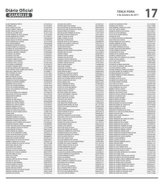 Diário Oficial
 GUARUJÁ
                                                                                                                      TeRçA-feiRA
                                                                                                                      4 de outubro de 2011
                                                                                                                                                         17
ELAINE PARANHOS PRIETO                  21025870532   GUACIRA DOS SANTOS                      16199437021   LAURECI DE ANDRADE OTERO                     13211678858
ELI RIBEIRO LIMA                        21253546691   HELENICE BISPO DOS SANTOS               20077844003   LEANDRA DOS SANTOS                           16501150958
ELIACI SANTOS DA SILVA                  16166548150   HELLEN CRISTINA DE OLIVEIRA SANTOS      20489389796   LEIDE BARBARA LORENCATO LOPES                12485825000
ELIANA CORREIA CARVALHO                 21209717567   HELOYSE MYLANE TEIXEIRA DOS SANTOS      20321209278   LEILA DOS SANTOS MARIA                       16477966159
ELIANE CARVALHO DA SILVA                20649756074   IDALINA FERRO DOS PASSOS                16191978325   LEONILDA PATRICIA DOS SANTOS                 16473236911
ELIANE DO SOCORRO DIAS                  21257311818   IDELMA HELENA FERREIRA DE SOUZA         12287197879   LETICIA DA SILVA FERANDES                    22801942307
ELIANE FERREIRA DA SILVA SANTANA        21253345890   IRIS PAMELA PINHA EVANGELISTA           16237760610   LETICIA SILVA SOARES BORGES                  22805613308
ELIANE FERREIRA DOS SANTOS              21213967351   ISABEL OLIVEIRA DA SILVA                20336959642   LEZIANE DA SILVA                             16353974672
ELIAS FRANCISCO DA SILVA                12853204938   ISABELA GOMES DA SILVA                  22001932234   LIA CRITINA VASCONCELOS BRANDAO              22801698090
ELIENE ARAUJO DE FREITAS MOREIRA        13279094932   IVANILDES SANTANA DIAS                  16212264822   LIDIA PINHO DOS SANTOS                       20604198579
ELIETE FERREIRA DOS SANTOS              16150130798   IVANILMA SILVA DE JESUS BENETTI         22000883442   LIDIANE APARECIDA SILVA SANTOS               12760025154
ELIETE VIEIRA BARBOZA                   10874649290   IVONETE DOS SANTOS CASTELLAN            13052193774   LIDIANE FERREIRA DA SILVA                    16523315801
ELINEUMA AGUIAR DE FRANCA               12720379486   JACIRA DOS SANTOS SILVA                 13260246818   LIGIA TAMAYOSI DE OLIVEIRA                   22805614657
ELIONETE MARIA DA CONCEICAO             20489422750   JAIANE BATISTA BISPO                    16220648030   LILIA MARIA FERNADES DA SILVA                22800218257
ELISABETE DE SOUZA MARQUES              12220124616   JAMIRA CRISTINA COSTA                   12940817857   LILIANE CAVALCANTE NASCIMENTO                16408331581
ELISANDRA CELESTINO DOS SANTOS          21255782201   JANAINA DO NASCIMENTO DE SANTANA        16212266396   LILIANE FERREIRA SANTANA                     13191673899
ELISANGELA BEZERRA CORDEIRO             13449938850   JANAINA PINA DA SILVA                   12813449816   LILIANE MATOS DA SILVA                       20081923222
ELISANGELA DE MOURA                     21255522021   JANAINA RAMOS                           20485930972   LINDINALVA DE ALMEIDA PAIVA                  16368124955
ELISANGELA DOS REIS                     13376993814   JANAINA SANTOS CORTEZ                   22006183604   LOURIVAL ALMEIDA SOUZA                       10876781374
ELISANGELA DOS SANTOS                   12660434931   JANAINA SILVA DE SOUZA                  20108404018   LUANA CARLA DE CARVALHO DOS SANTOS           13794993771
ELISANGELA RIBAS DA FONSECA             16129922761   JANDAIRA CASTRO CONCEICAO               16301149824   LUANA DA SILVA SANTOS                        16462796023
ELISANGELA SILVA PEREIRA                21213574791   JANDIRA CARVALHO DE AGUIAR CRUZ         16293326130   LUCIA ALVES CONSTANCIO                       16468219834
ELISANGELA VITAL DA SILVA               16164613656   JANDIRA TEIXEIRA AGUILAR                10756105932   LUCIA LIMA SILVA                             16468220883
ELIZA MARIA DE MEDEIROS                 21253205274   JANETE NUNES PEREIRA                    12483085549   LUCIANA DE ALMEIDA MONTEIRO                  12515357492
ELIZABETH TEIXEIRA PINTO                12611988244   JAQUELINE ALMEIDA                       13444481895   LUCICLEIDE DE QUEIROZ LIMA SANTOS            22805625209
ELIZEULINA BITENCOURT GONCALVES         20999718007   JAQUELINE DE FRANCA                     20655860171   LUCIDALVA MARIA GUERRA                       20366682096
ELLEN CRISTINA SAAD CORREA DOS SANTOS   21256324649   JAQUELINE ONAYDE DE SOUZA               16290555244   LUCIENE APARECIDA JORDAO DE FARIAS           16475528669
ERACLIDES LEIMIG VELOSO                 16156688111   JEANE VIEIRA DE MELO                    20489342803   LUCILENE TAVARES DE ALMEIDA COSTA            16452583248
ERICA CRISTINA DA SILVA                 21255718627   JEOVANIA DE CARVALHO SANTOS             22005436118   LUCIMAR MARLENE DOS SANTOS                   13161754939
ERICA SOARES SOBRAL                     21255718643   JESSICA APARECIDA DOS SANTOS            22005900035   LUCIMARY BARBOSA DE MELO AMANCIO             16501690545
ERIKA DE FREITAS AGUSTO                 21243632927   JESSICA APARECIDA FERREIRA APOLINARIO   20089075174   LUCINARA STOCKER                             22801960941
ERLANDIA SANTOS BOMFIM                  16143782610   JESSICA DE OLIVEIRA SANTOS DA SILVA     16349641176   LUCINEIDE ALVES DA SILVA                     12298723534
ERMINA DOS SANTOS RODRIGUES             20186455296   JESSICA GONCALVES DE JESUS              20934858602   LUCINEIDE DE OLIVEIRA SILVA                  13422652816
ERONILDO VALENTIM FERREIRA              12505843815   JESSICA MATOS JOSE                      22006133224   LUCIVANIA FRANCO SANTANA                     13016641932
ESMERINA SILVA DE SOUZA                 13610718772   JESSICA MIRANDA DE MELO                 16294052824   LUIZ CARLOS DA SILVA                         22804877409
ESTELA DE OLIVEIRA MIRANDA              16349619456   JESSICA PINHEIRO DE SOUZA               16175105037   LUIZA EDIALEDA FELIPE DA SILVA               22801954933
ESTELA DE OLIVEIRA MIRANDA              16349619456   JILDETE DA SILVA NASCIMENTO             10747347082   LUIZA RODRIGUES DA COSTA                     20099714889
EUNICE CRUZ MARQUES RODRIGUES           20077684707   JOANA DE SOUZA MODESTO                  22005910715   MABRISA FRANCA SANTOS                        16392617028
EUNICE DA SILVA                         10022119652   JOANICE ARAUJO SANTOS                   16335765935   MARCELA DA SILVA FONSECA                     16367076515
EVA CECILIA FRANCO DE CAMARGO           21247882146   JOCELINE GOMES DOS SANTOS               16212271616   MARCELA DOS SANTOS SILVA                     13373727935
FABIA ALVES FEITOSA DOS SANTOS          16013233935   JOELICE NASCIMENTO CARDOSO              22002090156   MARCELA JESSICA SANTOS DE MENEZES            16478219810
FABIANA BRITO BARBOSA                   12499277469   JOELMA MACENA DA SILVA                  16304694041   MARCIA DE ALMEIDA SILVA                      16452511034
FABIANA DA SILVA                        20109406936   JOICE GONCALVES OLIVEIRA                16244325118   MARCIA ELIANA SANTANA                        22801997993
FABIANA DE LIMA ARAUJO                  21257103255   JOICE KELY DOS SANTOS                   16278182239   MARCIA FREITAS DE ABREU                      10811659507
FABIANA DO CARMO PEIXOTO                20649838488   JOSE OLIVEIRA DA SILVA                  12006179774   MARCIA NATHANA TERUIA                        13685054936
FABIANA DOS SANTOS RAMOS                21207487033   JOSE SEBASTIAO PEREIRA FILHO            12329650630   MARCIA REGINA DA SILVA DE OLIVEIRA           22805591460
FABIANA DOS SANTOS RAMOS                21207487033   JOSEANE MARIA RAMOS DA SILVA            20113414344   MARCIANA MARIA DA CONCEICAO                  16414109569
FABIANA FERREIRA SOUZA                  12597497897   JOSEFA DOS SANTOS RODRIGUES             22000747948   MARCIO ROBERTO DE LIMA                       12709522936
FABIANA PEREIRA DOS SANTOS              19035375982   JOSEFA GOMES                            21029605647   MARCIO RODRIGUES ALVES                       12051551717
FATIMA DA CONCEICAO SANTOS              16343875019   JOSEFA NEIDE MOREIRA DOS SANTOS         16346618289   MARGARETH RODRIGUES DA SILVA                 16467580142
FATIMA DE SOUZA GOMES SANTOS            12188617950   JOSEFA TEIXEIRA DE JESUS                20051665136   MARIA ALICE SILVA DE OLIVEIRA MORAIS         16465856078
FATIMA FARIA                            20373329673   JOSEFA ZELIA DA SILVA                   20649824827   MARIA ALIZIA DE LIMA                         22805633392
FERNANDA ALVES DA SILVA                 16212261149   JOSEFINA CANDIDO FILHO DE SOUZA         16305884944   MARIA ALVES COSTA TOMAZELLI                  16472776181
FERNANDA BARBOSA DA SILVA               22005977682   JOSELAINE COSTA DE AQUINO MARTINS       22005761264   MARIA ANA EMIDIA                             16442320880
FERNANDA DA ROCHA MENEZES               13502844770   JOSELY ALVES DA SILVA                   10870427234   MARIA APARECIDA DE CARVALHO ALVES            16523329764
FERNANDA PEREIRA DOS SANTOS             16212261114   JOSETE TORRES DE PAULA                  19016669860   MARIA APARECIDA DE LIMA                      20670825373
FERNANDA SILVA VITORINO DOS SANTOS      16192492825   JOSIANE DOS SANTOS ANICETO              16313476272   MARIA APARECIDA DE OLIVEIRA                  22805900536
FERNANDA TEIXEIRA CABRAL                12878099852   JOSIANE MARIA SANTOS                    22002291585   MARIA APARECIDA DOS SANTOS                   12439029701
FLAVIA CRISTIANE SILVA DO NASCIMENTO    12760202773   JOSIARA CRUZ SANTOS                     22005909350   MARIA APARECIDA FERREIRA DA SILVA            20670735358
FLAVIA JANAINA SUASSUI DE SOUZA         12757255896   JOSICLEIDE ALVES DA SILVA               20084717941   MARIA APARECIDA LANA DE OLIVEIRA             10825760868
FLAVIA KRISTINY DE PAULA                20667243350   JOSICLEIDE PEREIRA DOS SANTOS           20656349209   MARIA APARECIDA RIBEIRO CAMPOS               13464187852
FLAVIA PEREIRA DE ALMEIDA               16276858596   JOSINALDA FIRMINO DA COSTA SILVA        20781683674   MARIA APARECIDA SOARES SILVA                 12842448776
FLAVIA TALITA FERNANDES GOMES           22002226120   JOSINEIDE BORGES DOS SANTOS             16343581899   MARIA APARECIDA VALENTIM FRANCISCHINI        16522378753
FLAVIA VALENTIM PASSOS DA SILVA         16234406263   JOSINEIDE FAGUNDES DOS SANTOS           22005857199   MARIA AURILEIDE OLIVEIRA DE CASTRO           16041067696
FRANCILEIA SILVA DOS SANTOS             20649866031   JOYCE DA MOTA PORTELLA                  22005381976   MARIA BATISTA DE SOUSA SAMPAIO               22805818481
FRANCINALVA MARIA BEZERRA               20199816144   JOYCE DOS SANTOS SILVA                  16183443892   MARIA CLAUDIA BARBOSA                        20360372664
FRANCISVALDA DA SILVA DOS SANTOS        22005786321   JUCILEIDE BARBOSA DOS SANTOS            12968223897   MARIA CLAUDIA DE JESUS                       13194760776
GABRIELA FRANCISCA DA SILVA             16290361725   JUCILENE JESSICA DA SILVA ALBUQUERQUE   22005918465   MARIA CRISTINA FERREIRA DANTAS               22801147914
GEISYELE PEREIRA DA SILVA DE TOLEDO     20777457088   JUCIRENE DOS SANTOS SAMPAIO             13511642778   MARIA CRISTINA PERES                         20399031736
GERALDINA LIMA DA CRUZ                  16306174827   JUENICE ARAUJO SOUZA DA SILVA           12778619226   MARIA DA CONCEICAO MOURA                     22801736162
GILDA MIRA DOS SANTOS                   20678672363   JULIANA BERNADINO DA SILVA              22005306699   MARIA DA CRUZ PEREIRA SILVA                  13022795938
GILDETE DA SILVA SANTOS                 12940978818   JULIANA CRISTINA CORDEIRO               12873468248   MARIA DA GUIA SOUSA DOS SANTOS               22805165569
GILMARA LUCAS DA CONCEICAO              12827923892   JULIANA DA SILVA SANTOS                 13347883771   MARIA DALVA DE ARAUJO LOPES                  16520954072
GIOVANA DAS CHAGAS CARNEIRO             20077877912   JULIANA DE OLIVEIRA ANTONIA MARTINS     16349286767   MARIA DAS DORES RODRIGUES DE ALMEIDA         12223051938
GIRLANE MARIA DA SILVA                  22000744973   JULIANA FERREIRA DO NASCIMENTO          20786740404   MARIA DAS DORES SILVA                        16439231538
GISELE DE OLIVEIRA                      16276445682   JULIANA MIRANDA DUARTE                  20971357735   MARIA DAS DORES TRAJANO DOS SANTOS           16457372288
GISELE PUGLIEZE                         16177105069   JURACI DE ANDRADE                       16305399922   MARIA DAS GRACAS DOS SANTOS MOURA            16452828259
GISELMA LOPES DA ROCHA FRAZAO           13796335895   KARINA DA SILVA CONCEICAO               20339596125   MARIA DE FATIMA CARLOS SOBREIRA DOS SANTOS   22800168373
GISLENE DA SILVA LUIZ                   16305869201   KARLA APARECIDA SAMPAIO DE SOUZA        16348755739   MARIA DE FATIMA FEITOSA SANTOS               12336029350
GISLENE DA SILVA MENDES                 22005297053   KATIA BISPO DE ALCANTARA                16482037217   MARIA DE FATIMA SOUSA LIMA MOR               13358101931
GLAUCIA NUNES DE SOUZA                  12961043532   KEITE SUZAN SILVA                       22805387146   MARIA DE LOURDES RIBEIRO DOS SANTOS          20635656277
GLEICE CONCEICAO SANTOS                 12988962938   KEITI COSTA DO NASCIMENTO               20489425326   MARIA DE LOURDES RODRIGUES CABRAL            22805483641
GLEIDE JANE DOS SANTOS                  16284614110   KELLY CRISTINA FRANCA ARAJO             22802422048   MARIA DE LOURDES SILVA                       16487256146
GRACIELE DE JESUS SOUZA DE TOLEDO       16323054796   KETLYN LEANDRO DE ALMEIDA               16451800431   MARIA DE LOURDES SOARES DE ALMEIDA           16429932215
GRAZIELA VALERIA DA COSTA               22005153698   KEYTH DE LIMA FERREIRA SANTOS           20489354143   MARIA DE LURDES DE SANTANA SILVA             22801777004
GUACIRA DOS SANTOS                      16199437021   LAILA DOS SANTOS PEREIRA                16513333270   MARIA DELZOITA DOS SANTOS                    12527510908
 