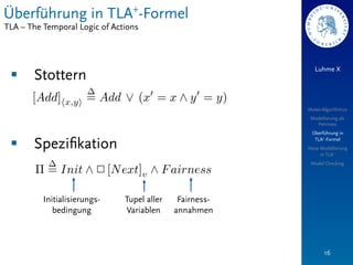 Überführung in TLA+-Formel
TLA – The Temporal Logic of Actions



                                                             Luhme X
 §    Stottern

                                                          Mutex-Algorithmus
                                                           Modellierung als
                                                             Petrinetz
                                                           Überführung in

 §    Speziﬁkation                                         TLA+-Formel
                                                          Neue Modellierung
                                                               in TLA+
                                                           Model Checking




          Initialisierungs-    Tupel aller    Fairness-
             bedingung         Variablen     annahmen



                                                                 16
 