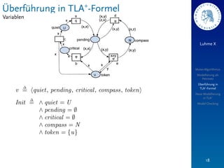 Überführung in TLA+-Formel
Variablen



                                Luhme X




                             Mutex-Algorithmus
                              Modellierung als
                                Petrinetz
                              Überführung in
                               TLA+-Formel
                             Neue Modellierung
                                  in TLA+
                              Model Checking




                                    18
 