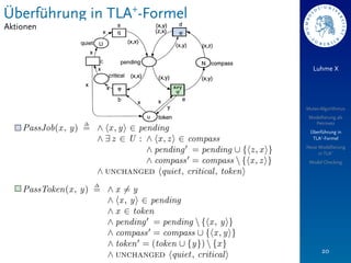 Überführung in TLA+-Formel
Aktionen



                                Luhme X




                             Mutex-Algorithmus
                              Modellierung als
                                Petrinetz
                              Überführung in
                               TLA+-Formel
                             Neue Modellierung
                                  in TLA+
                              Model Checking




                                    20
 