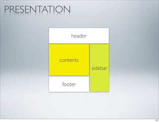 PRESENTATION

               header



         contents
                        sidebar

          footer
 