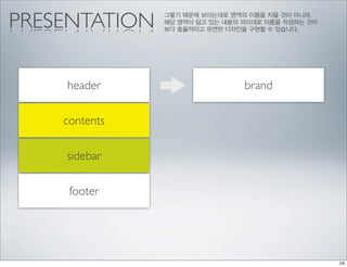 PRESENTATION   그렇기 때문에 보이는데로 영역의 이름을 지을 것이 아니라,
               해당 영역이 담고 있는 내용의 의미대로 이름을 작성하는 것이
               보다 효율적이고 유연한 디자인을 구현할 수 있습니다.




    header                      brand

    contents

    sidebar

     footer
 
