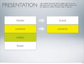 PRESENTATION   그렇기 때문에 보이는데로 영역의 이름을 지을 것이 아니라,
               해당 영역이 담고 있는 내용의 의미대로 이름을 작성하는 것이
               보다 효율적이고 유연한 디자인을 구현할 수 있습니다.




    header                      brand

    contents                  contents

    sidebar

     footer
 