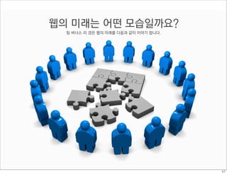 웹의 미래는 어떤 모습일까요?
  팀 버너스 리 경은 웹의 미래를 다음과 같이 이야기 합니다.
 