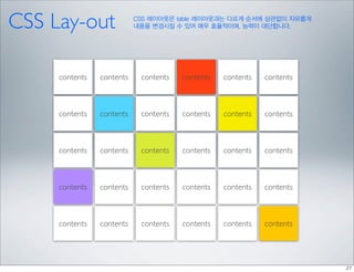 CSS Lay-out                CSS 레이아웃은 table 레이아웃과는 다르게 순서에 상관없이 자유롭게
                           내용을 변경시킬 수 있어 매우 효율적이며, 능력이 대단합니다.




     contents   contents    contents   contents   contents   contents



     contents   contents    contents   contents   contents   contents



     contents   contents    contents   contents   contents   contents



     contents   contents    contents   contents   contents   contents



     contents   contents    contents   contents   contents   contents
 