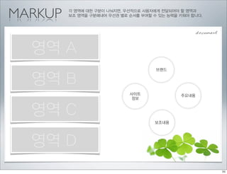 MARKUP   각 영역에 대한 구분이 나눠지면, 우선적으로 사용자에게 전달되어야 할 영역과
         보조 영역을 구분해내어 우선권 별로 순서를 부여할 수 있는 능력을 키워야 합니다.



                                                     document



  영역 A
                                      브랜드


  영역 B
                             사이트              주요내용
                             정보


  영역 C
                                      보조내용




  영역 D
 
