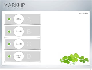 MARKUP
            document


 1
     영역 A
     브랜드




 2
     영역 B
     주요내용




 3
     영역 C
     보조내용




 4
     영역 D
     사이트
     정보
 