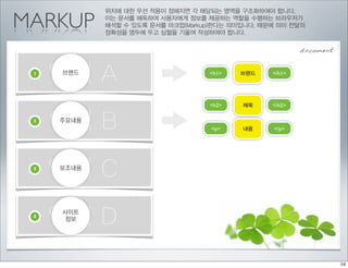 위치에 대한 우선 적용이 정해지면 각 해당되는 영역을 구조화하여야 합니다.

MARKUP      이는 문서를 해독하여 사용자에게 정보를 제공하는 역할을 수행하는 브라우저가
            해석할 수 있도록 문서를 마크업(Markup)한다는 의미입니다. 때문에 의미 전달의
            정확성을 염두에 두고 심혈을 기울여 작성하여야 합니다.


                                                          document


 1
     영역 A
     브랜드                            <h1>   브랜드    </h1>




                                    <h2>   제목     </h2>

 2
     영역 B
     주요내용
                                    <p>    내용     </p>




 3
     영역 C
     보조내용




 4
     영역 D
     사이트
     정보
 
