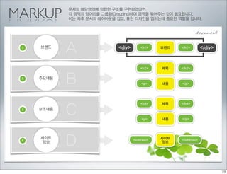 MARKUP
            문서의 해당영역에 적합한 구조를 구현하였다면,
            각 영역의 덩어리를 그룹화(Grouping)하여 영역을 묶어주는 것이 필요합니다.
            이는 차후 문서의 레이아웃을 잡고, 표현 디자인을 입히는데 중요한 역할을 합니다.


                                                              document


 1
     영역 A
     브랜드                    <div>       <h1>    브랜드   </h1>        </div>


                                        <h2>    제목    </h2>

 2
     영역 B
     주요내용
                                        <p>     내용    </p>




     영역 C
                                        <h4>    제목    </h4>
 3   보조내용

                                        <p>     내용    </p>




 4
     영역 D
     사이트
     정보
                                    <address>
                                                사이트
                                                정보
                                                      </address>
 